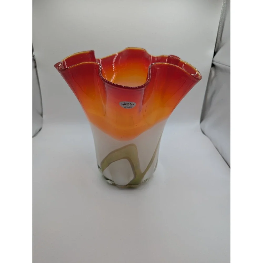 Jarek Kozlowsky Collection Hand Blown Art Glass Vase‎ Ruffled Rim Made in Poland